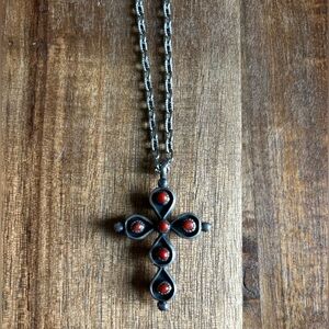 Elegant Silver and Red (Turquoise) Double-sided Cross Pendant Necklace
